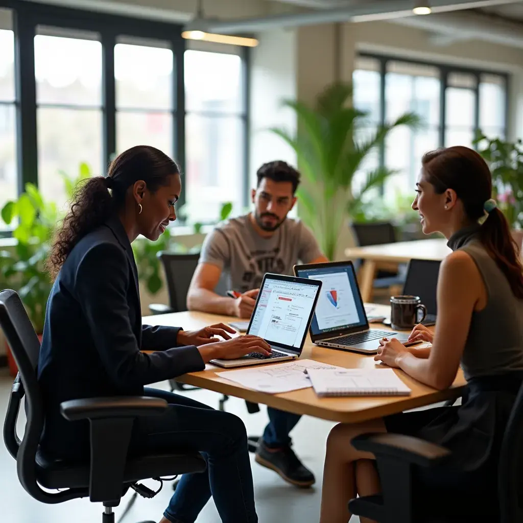 A team collaborating around a table, discussing app features and workflows.